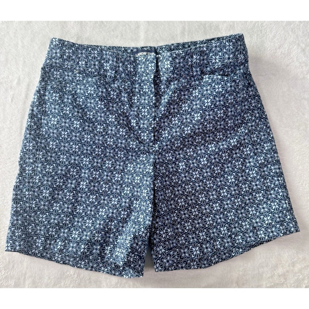 Lands End Shorts Women Navy Blue White Geometric Floral Mid Rise Size 8